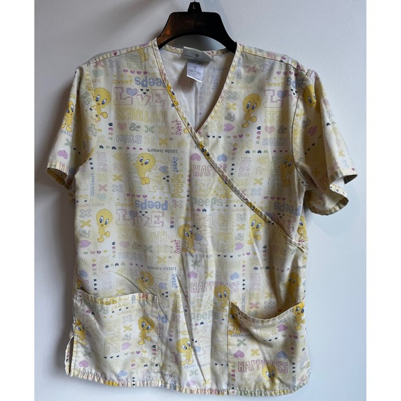 Baby Looney Tunes Tweety Bird Yellow Print Scrub Top Sz Small - Picture 1 of 7